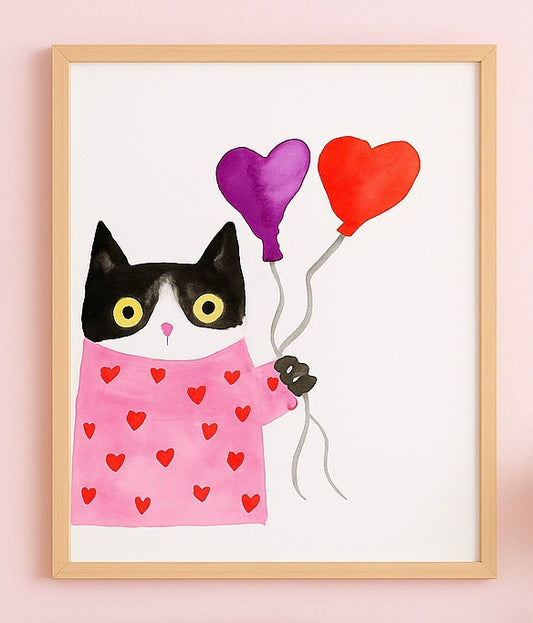Valentine Cat Art Print – Cute Tuxedo Cat with Heart Balloons in Pink Sweater – Whimsical Watercolor Cat Illustration Wall Decor