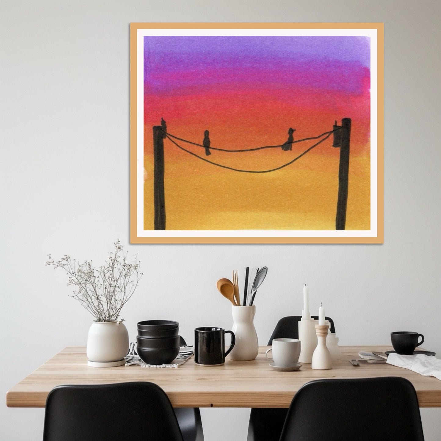 Birds on a Wire Sunset Print – Vibrant Silhouette Wall Art, Purple Orange Sky Decor