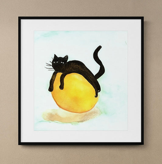 Whimsical Black Cat Art Print – Cute Cat Watercolor Wall Decor – Lemon Cat Painting – Funny Animal Art – Playful Cat Illustration
