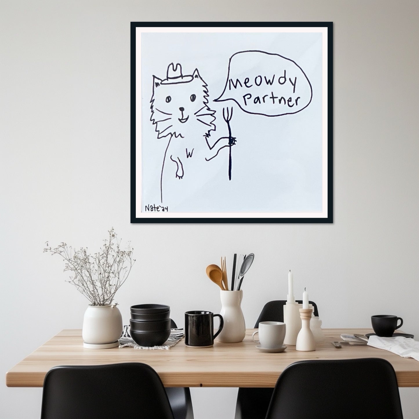 Cowboy Cat Line Art Print – Funny Western Cat Drawing, “Meowdy Partner” Wall Decor