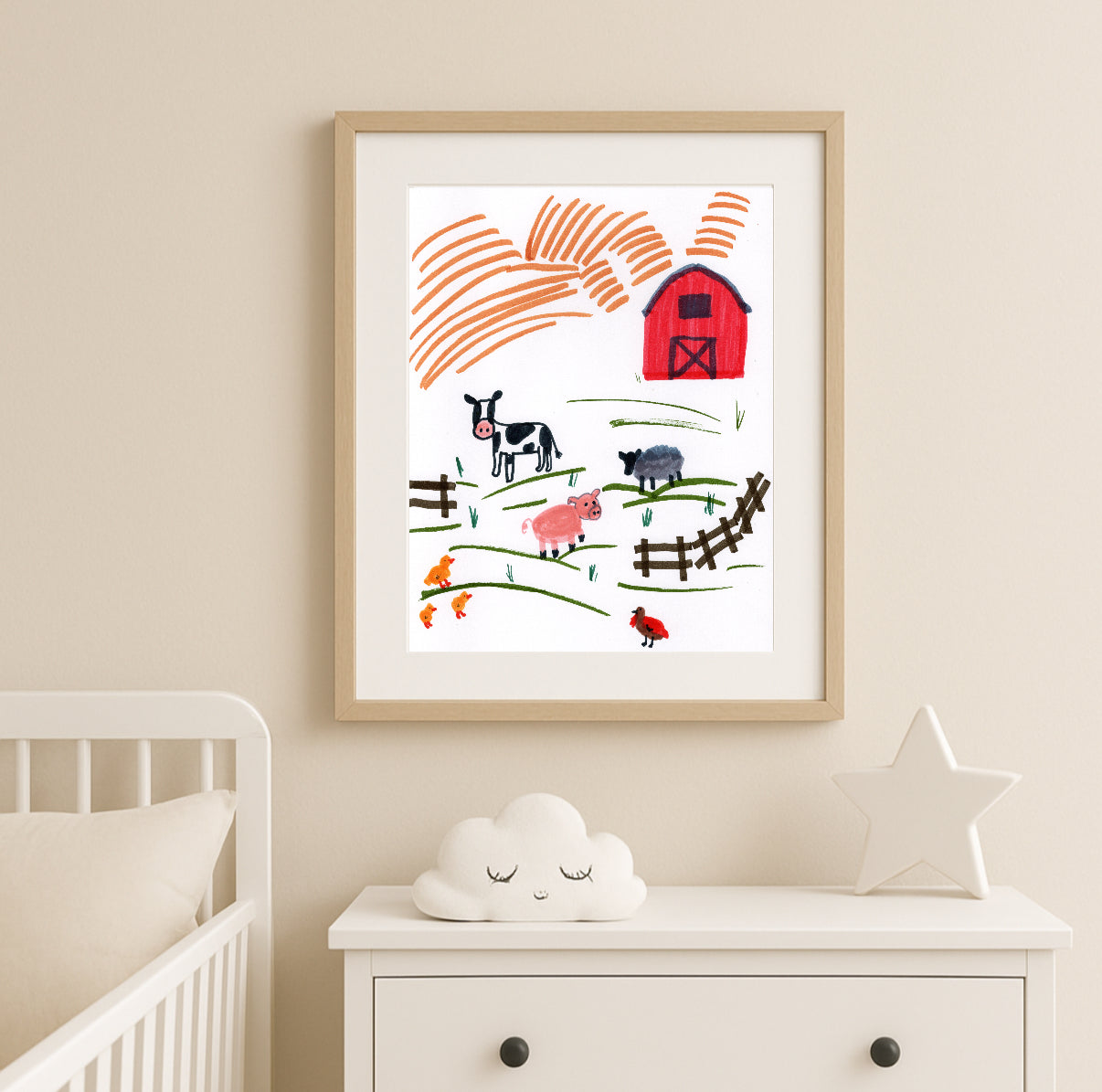 Pig Wall Art Print – Pink Farm Animal Illustration – Cute Whimsical Nursery or Farmhouse Decor