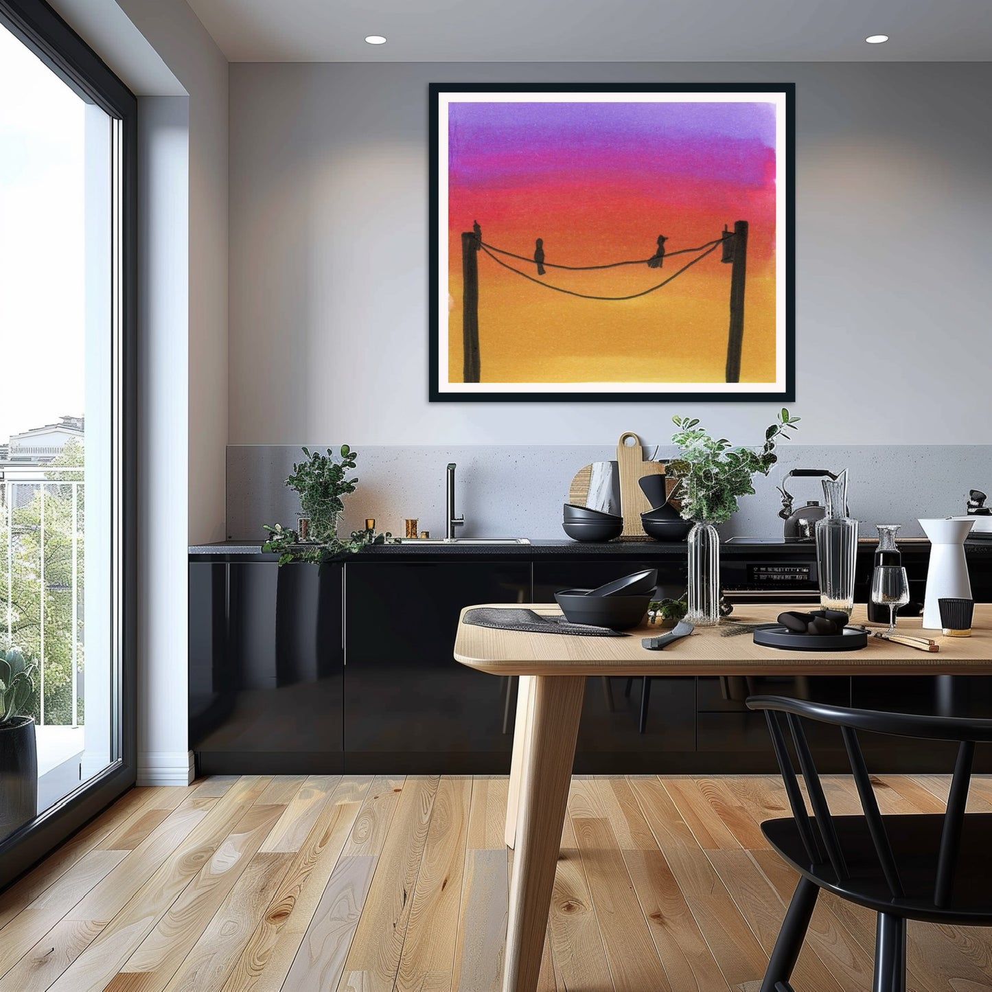Birds on a Wire Sunset Print – Vibrant Silhouette Wall Art, Purple Orange Sky Decor