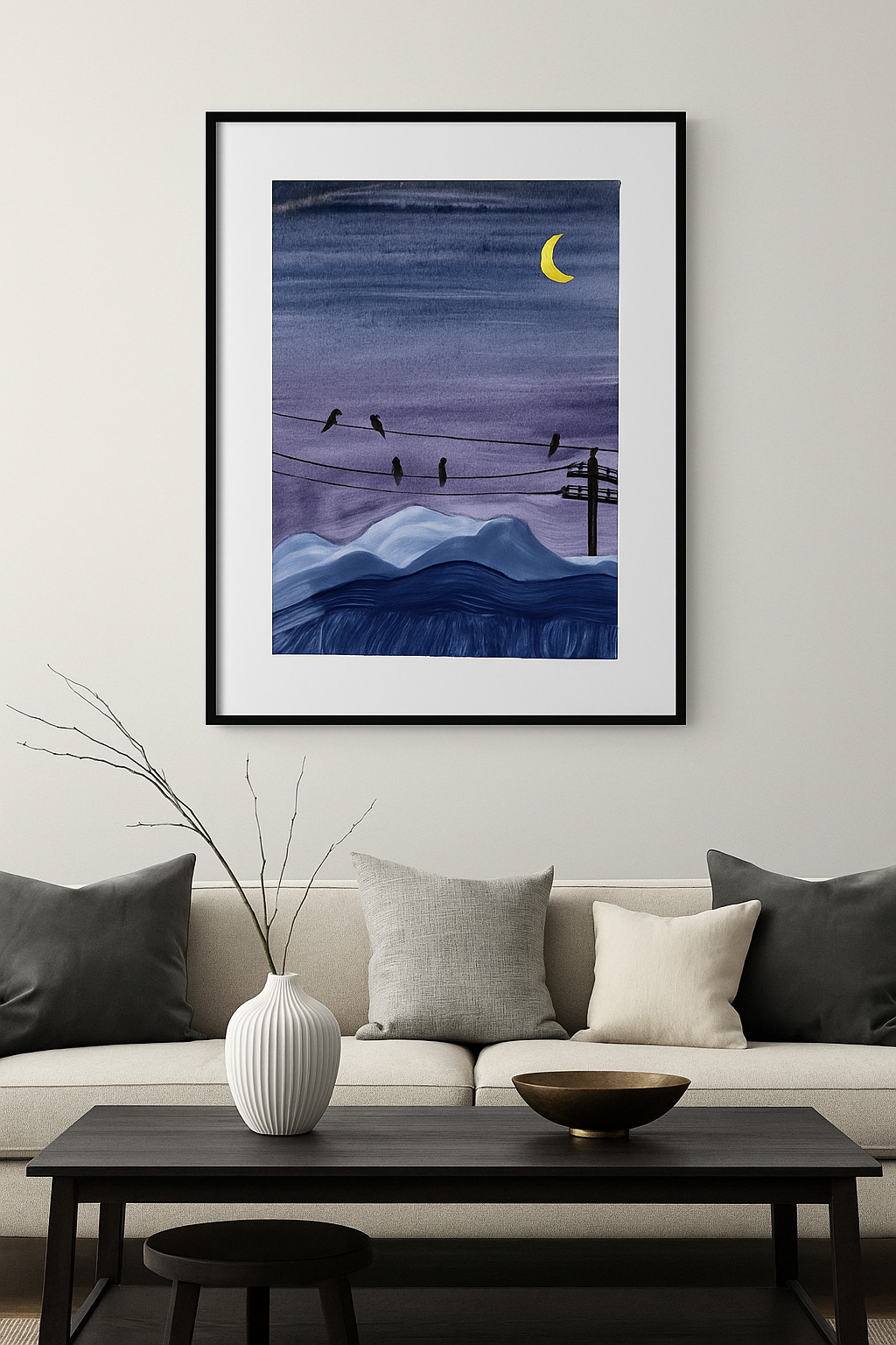 Night Birds on Wires Watercolor Print – Moonlit Mountain Landscape Wall Art