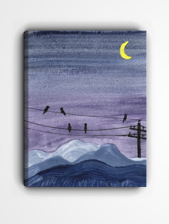 Night Birds on Wires Watercolor Print – Moonlit Mountain Landscape Wall Art