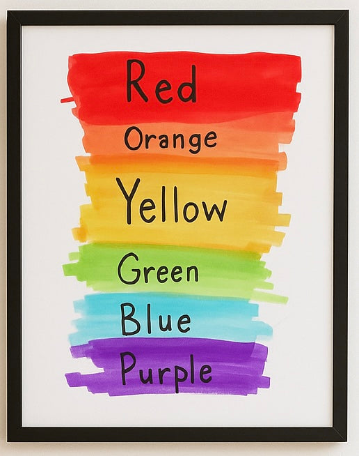 Rainbow Color Word Art Print – Hand-Painted Watercolor ROYGBIV Poster for Kids Room, Nursery, or Classroom