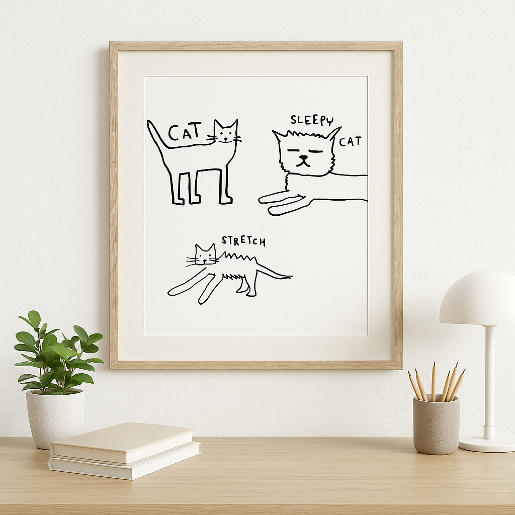 Quirky Cat Art Print – Funny Minimalist Cat Drawing, Stretchy Sleepy Cats Wall Decor, Whimsical Line Art Illustration