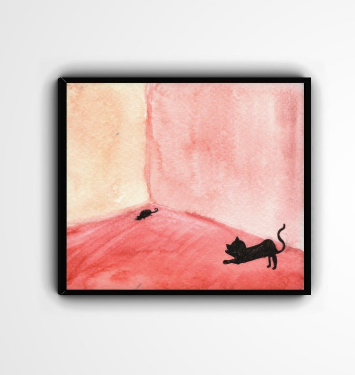 Whimsical Cat and Mouse Watercolor Print – Minimalist Red Room Art