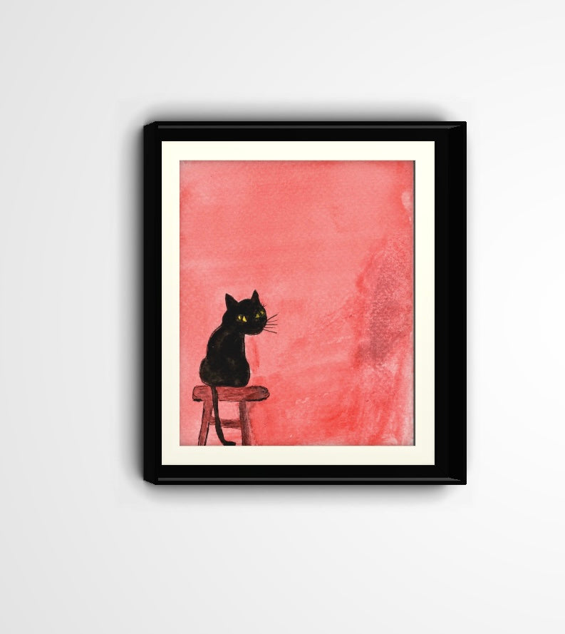 Black Cat on Stool Watercolor Art Print – Whimsical Minimalist Cat Painting, Salmon Background, Cat Lover Wall Decor