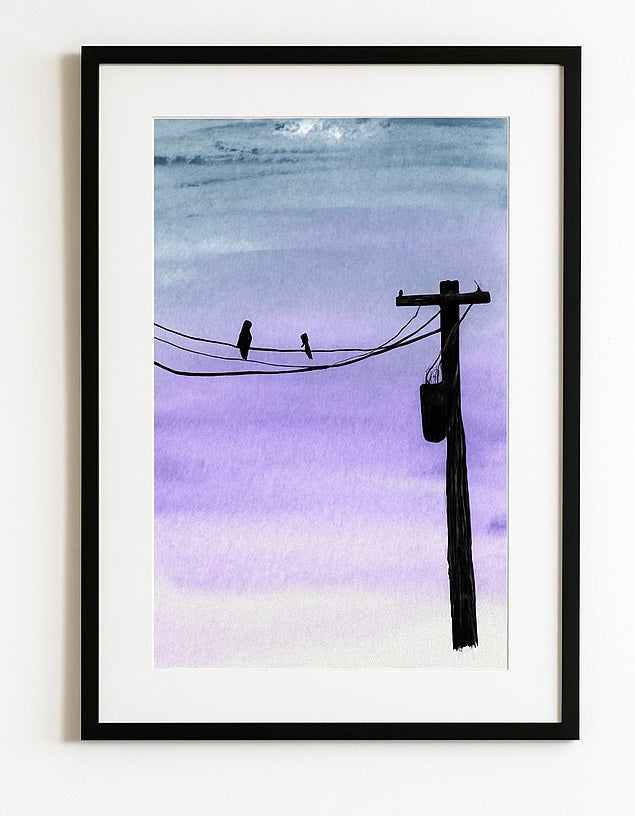 Birds on a Wire Watercolor Print – Minimalist Twilight Wall Art, Peaceful Purple Sky