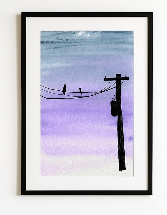 Birds on a Wire Watercolor Print – Minimalist Twilight Wall Art, Peaceful Purple Sky