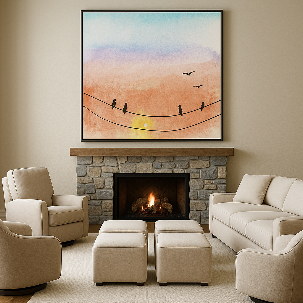 Sunset Birds on a Wire – Watercolor Art Print