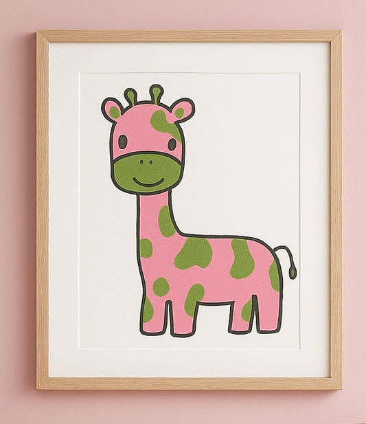 Cute Pink and Green Giraffe Wall Art Print | Kawaii Animal Nursery Decor | Kids Room Jungle Safari Illustration | Whimsical Cartoon Artwork