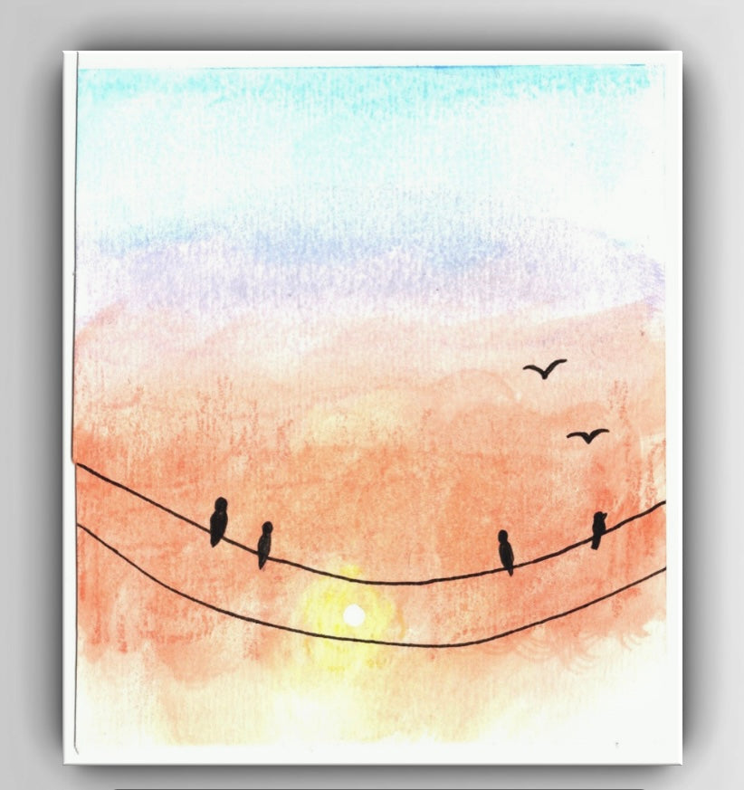 Sunset Birds on a Wire – Watercolor Art Print