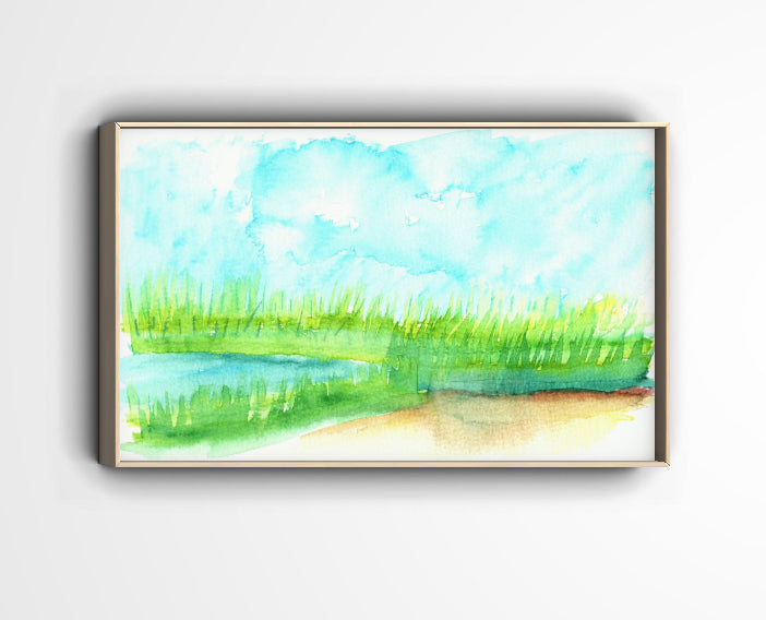Coastal Marsh Watercolor Painting – Original Seascapew Art Print by Nate ’24 – Beach Horizon Landscape Wall Decor