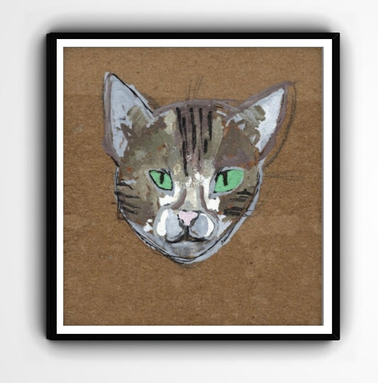 Cat Art Print – Tabby Cat with Green Eyes – Whimsical Feline Portrait – Paint Marker & Gouache – Kraft Paper Look – Cat Wall Decor