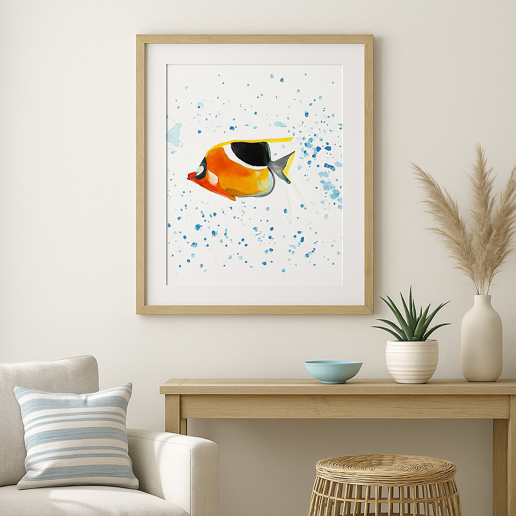 Tropical Fish Watercolor Art Print – Colorful Ocean Fish Painting with Splash Background