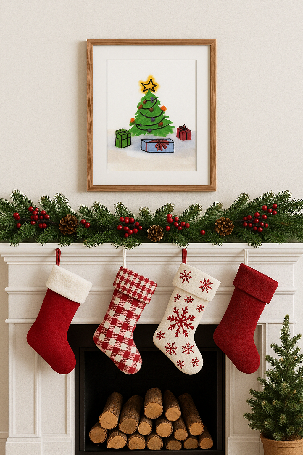 Whimsical Christmas Tree Art Print – Festive Holiday Wall Decor with Gifts, Star Topper & Snow – Hand-Drawn Winter Illustration