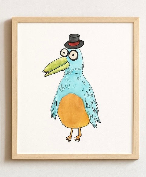 Whimsical Bird Art Print – Funny Blue Bird with Hat Illustration – Quirky Animal Wall Decor – Cute Bird Lover Gift – Kids Room Art
 - Professor Bird