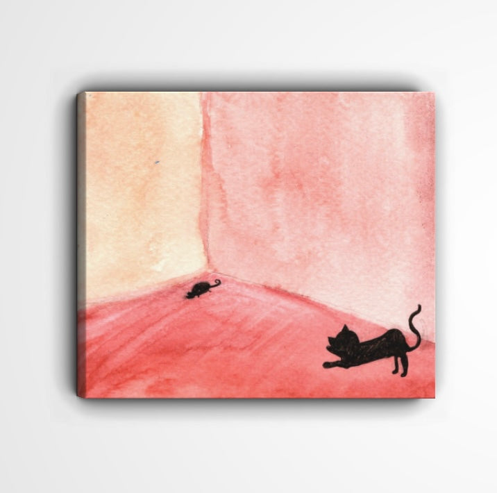 Whimsical Cat and Mouse Watercolor Print – Minimalist Red Room Art