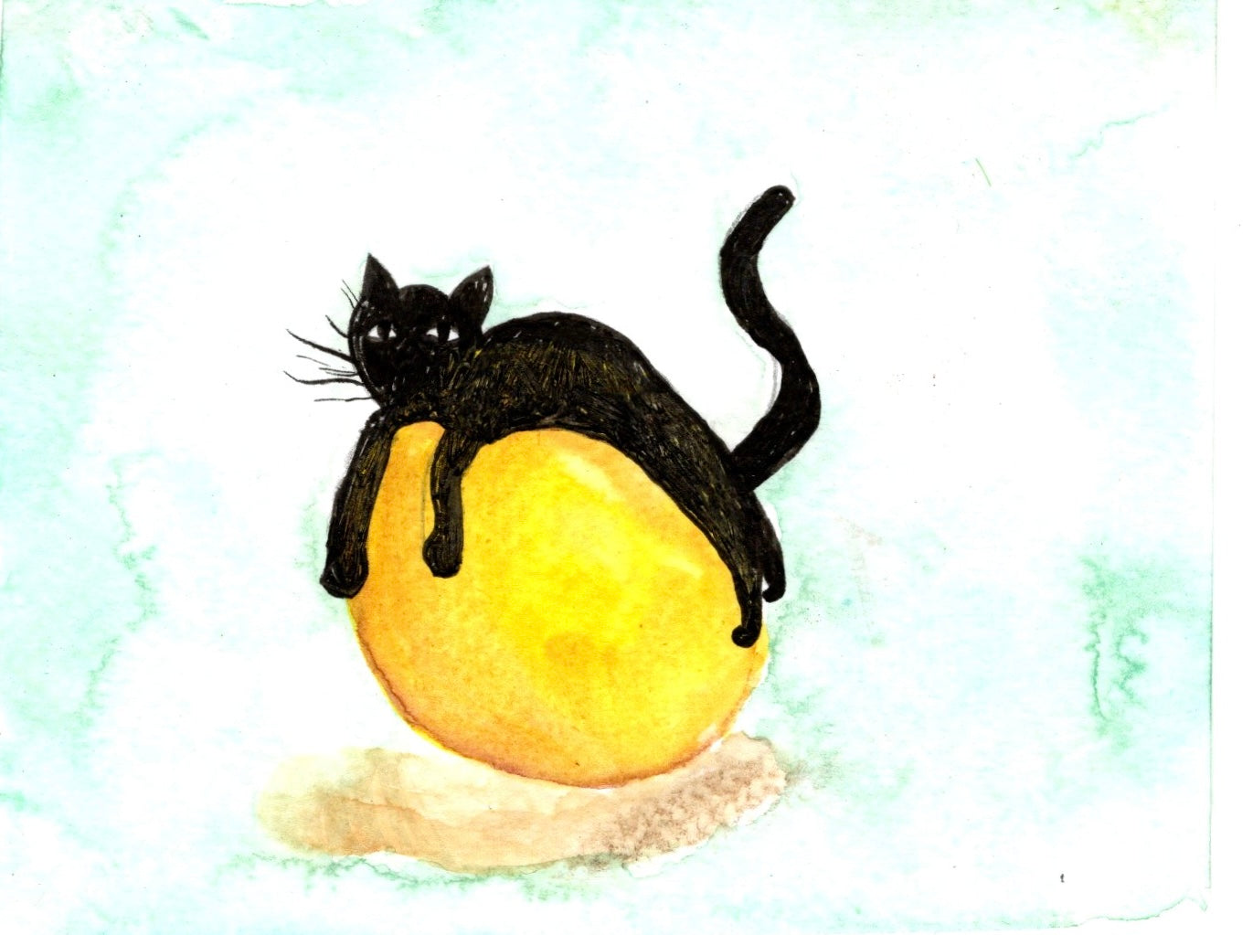 Whimsical Black Cat Art Print – Cute Cat Watercolor Wall Decor – Lemon Cat Painting – Funny Animal Art – Playful Cat Illustration