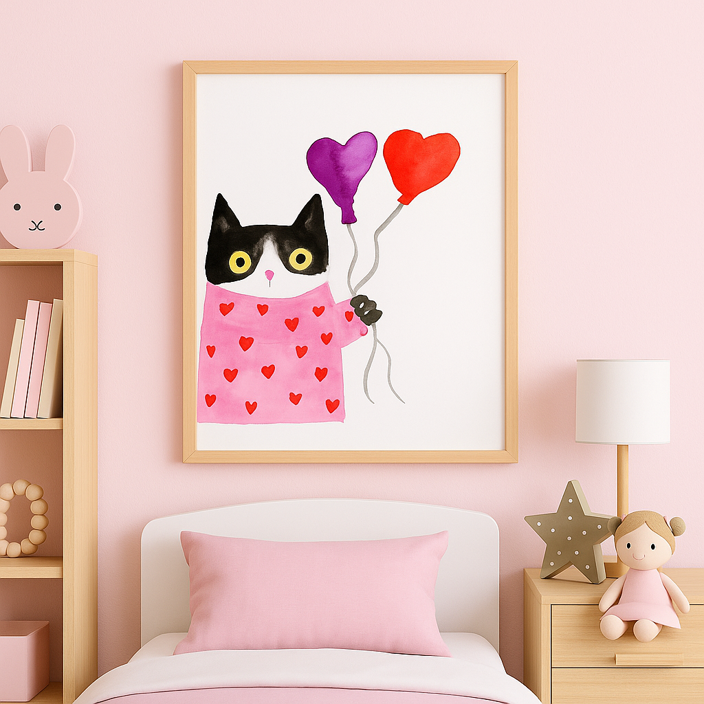 Valentine Cat Art Print – Cute Tuxedo Cat with Heart Balloons in Pink Sweater – Whimsical Watercolor Cat Illustration Wall Decor