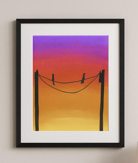 Birds on a Wire Sunset Print – Vibrant Silhouette Wall Art, Purple Orange Sky Decor