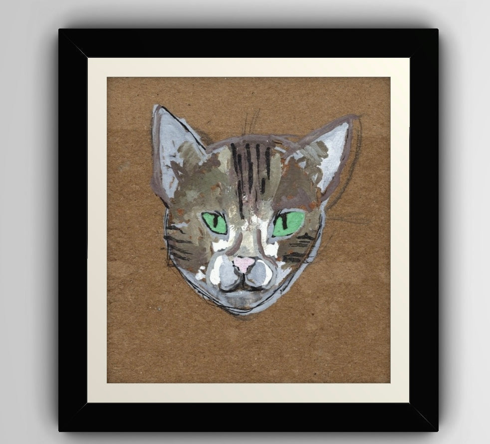 Cat Art Print – Tabby Cat with Green Eyes – Whimsical Feline Portrait – Paint Marker & Gouache – Kraft Paper Look – Cat Wall Decor