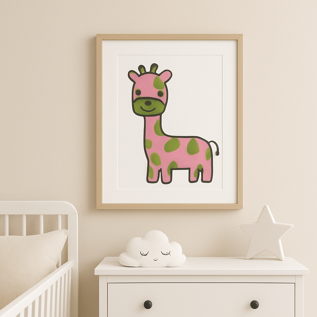 Cute Pink and Green Giraffe Wall Art Print | Kawaii Animal Nursery Decor | Kids Room Jungle Safari Illustration | Whimsical Cartoon Artwork