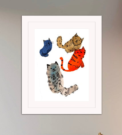 Whimsical Hand-Drawn Cat Art Print – Colorful Watercolor Cat Illustration for Cat Lovers