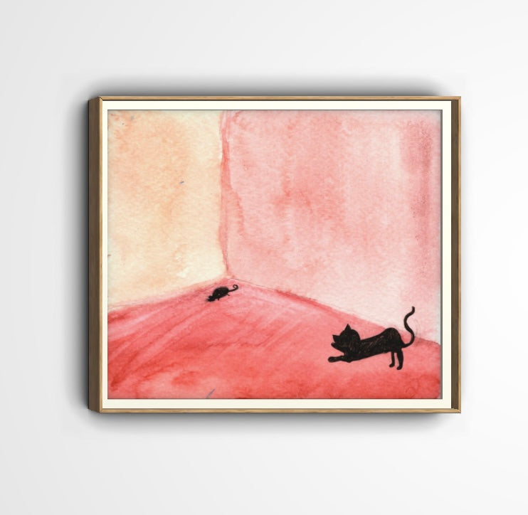 Whimsical Cat and Mouse Watercolor Print – Minimalist Red Room Art