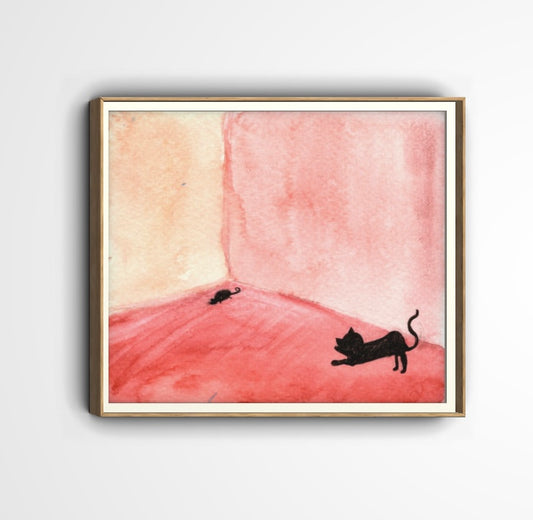 Whimsical Cat and Mouse Watercolor Print – Minimalist Red Room Art