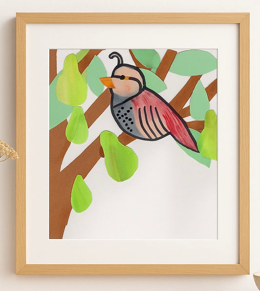 Partridge in a Pear Tree Art Print – Handmade Bird Collage – Holiday Wall Decor – Nursery Illustration – Nature-Inspired Gift