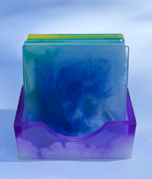 Glow in the Dark Resin Coaster Set with Holder | Colorful Handmade Epoxy Coasters | Unique Home Decor Gift | UV Reactive Drink Coasters