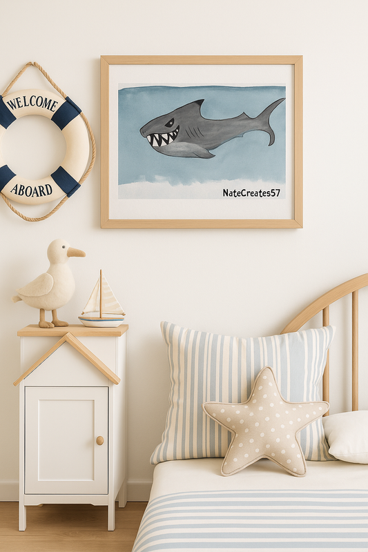 Fierce Shark Watercolor Print – Coastal Kids Room Wall Art