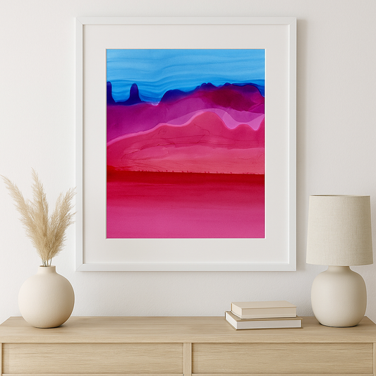 Alcohol Ink Mountain Landscape Print | Abstract Pink & Blue Horizon Art | Desert Sunset Wall Decor