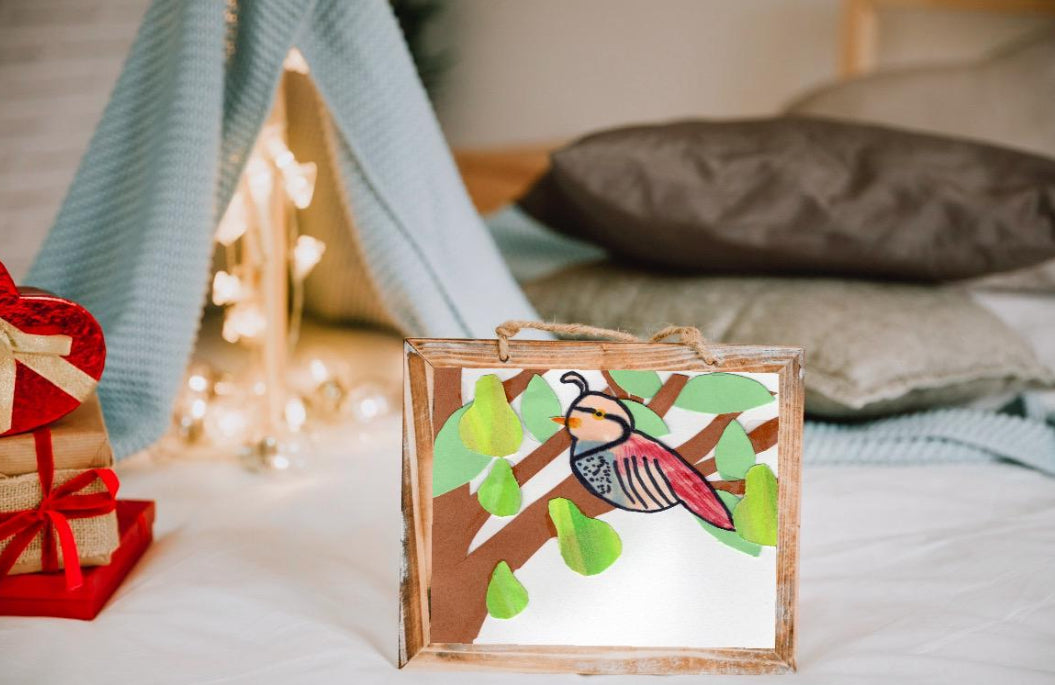 Partridge in a Pear Tree Art Print – Handmade Bird Collage – Holiday Wall Decor – Nursery Illustration – Nature-Inspired Gift