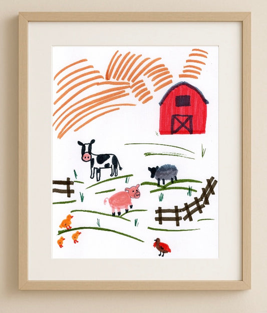 Barnyard Farm Animal Wall Art Print – Cow, Pig, Sheep, Chickens & Red Barn Illustration – Whimsical Farmhouse Nursery Decor