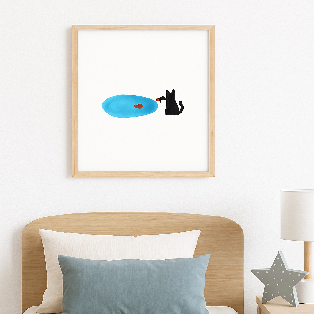 Minimalist Cat and Fish Art Print – Cute Black Cat Illustration – Whimsical Animal Wall Art – Funny Cat Lover Gift – Kids Room Decor