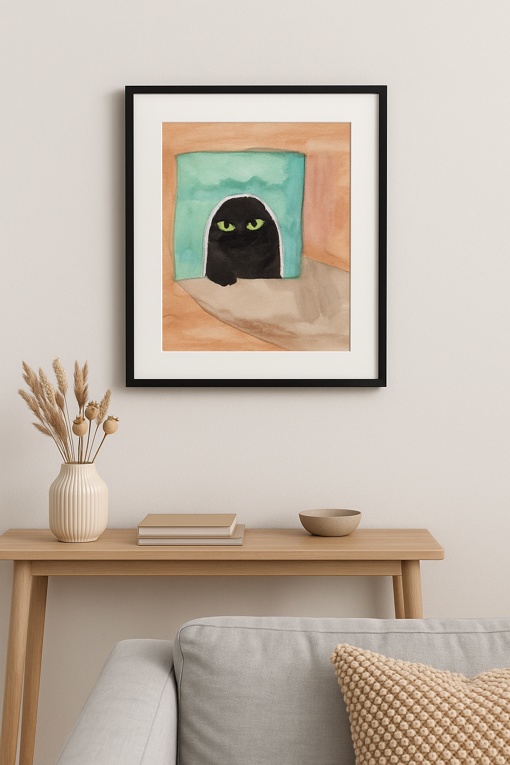 Mystery Black Cat Art Print – Green Eyes Cat Watercolor Print – Whimsical Feline Wall Decor – Cat Lover Gift – Spooky Cat Poster