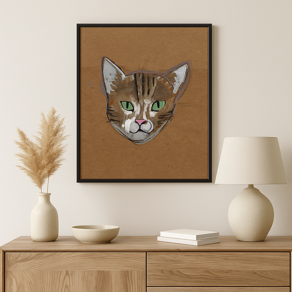 Cat Art Print – Tabby Cat with Green Eyes – Whimsical Feline Portrait – Paint Marker & Gouache – Kraft Paper Look – Cat Wall Decor