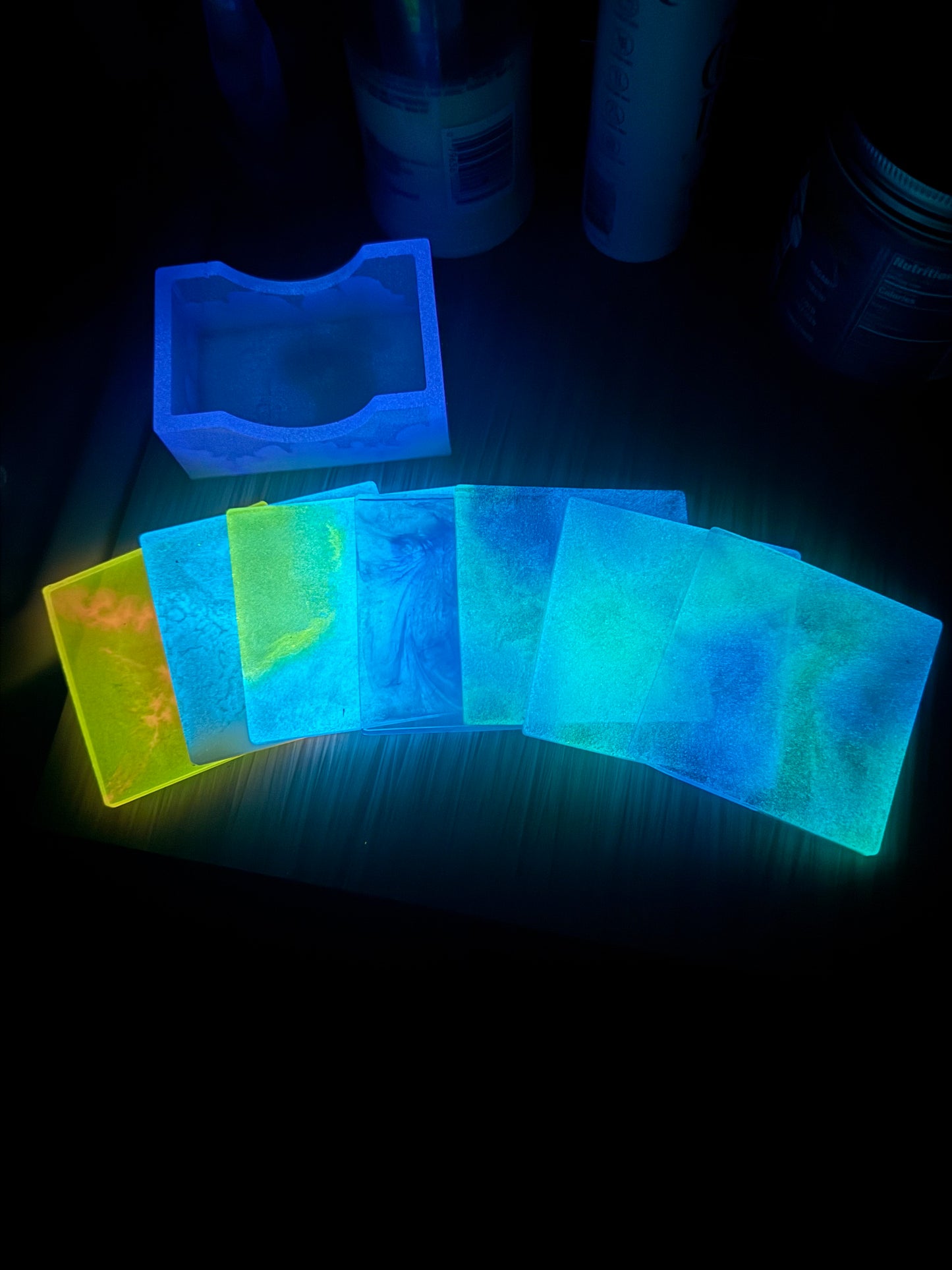 Glow in the Dark Resin Coaster Set with Holder | Colorful Handmade Epoxy Coasters | Unique Home Decor Gift | UV Reactive Drink Coasters