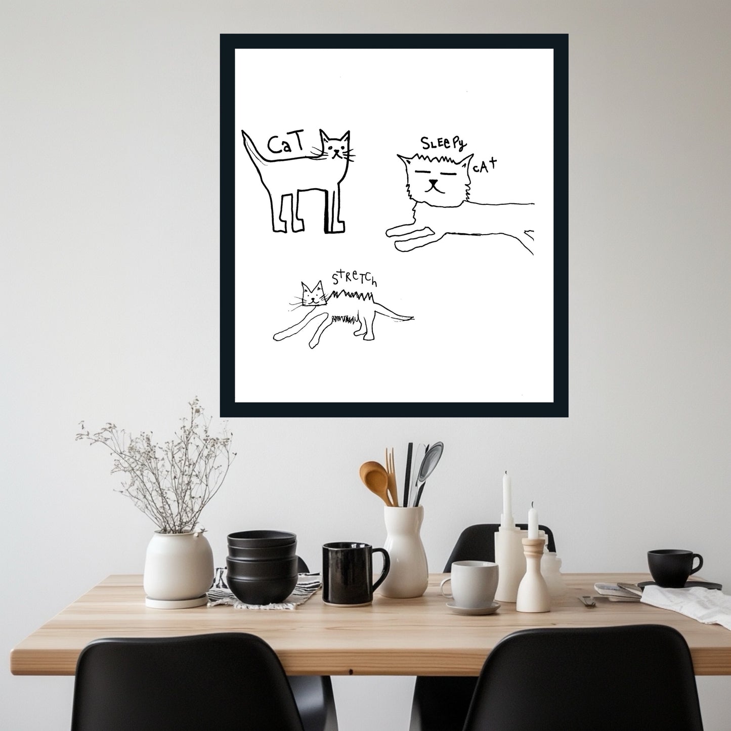 Quirky Cat Art Print – Funny Minimalist Cat Drawing, Stretchy Sleepy Cats Wall Decor, Whimsical Line Art Illustration