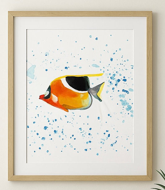 Tropical Fish Watercolor Art Print – Colorful Ocean Fish Painting with Splash Background