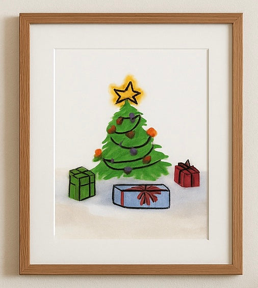 Whimsical Christmas Tree Art Print – Festive Holiday Wall Decor with Gifts, Star Topper & Snow – Hand-Drawn Winter Illustration