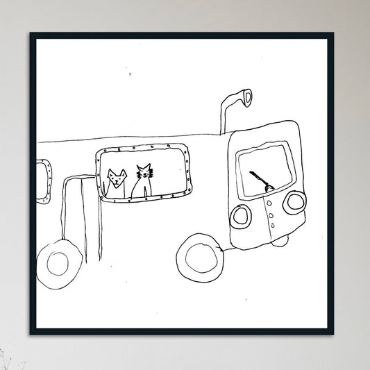 Whimsical Cat Bus Art Print – Quirky Hand-Drawn Cat Illustration, Minimalist Line Art, Animal Lovers Wall Decor