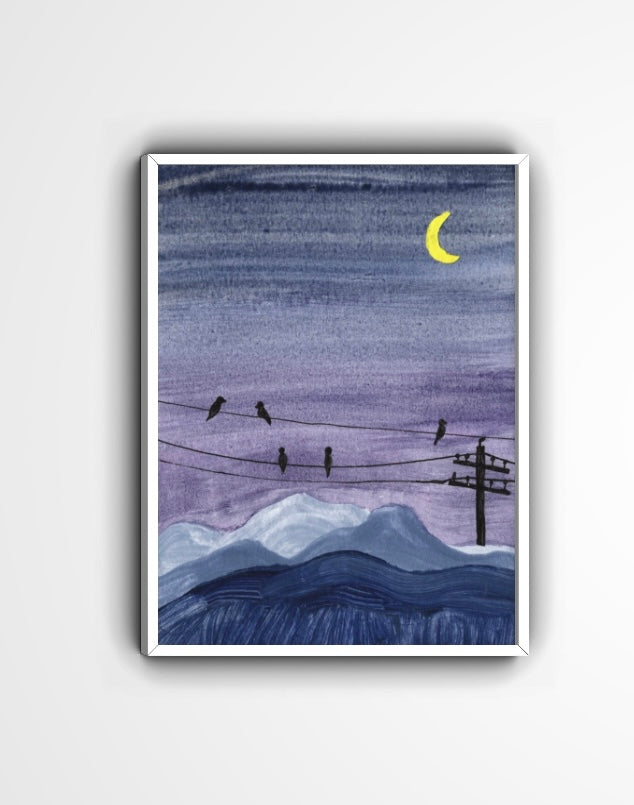 Night Birds on Wires Watercolor Print – Moonlit Mountain Landscape Wall Art