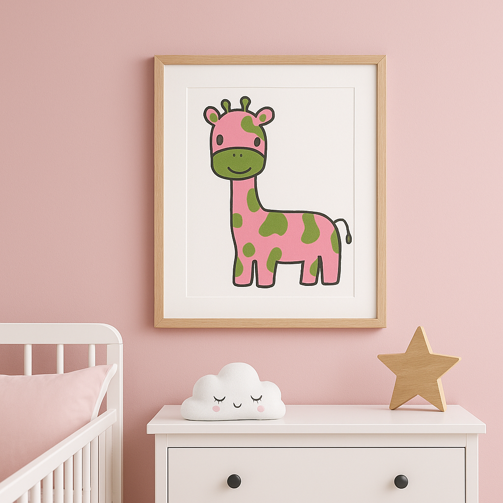 Cute Pink and Green Giraffe Wall Art Print | Kawaii Animal Nursery Decor | Kids Room Jungle Safari Illustration | Whimsical Cartoon Artwork