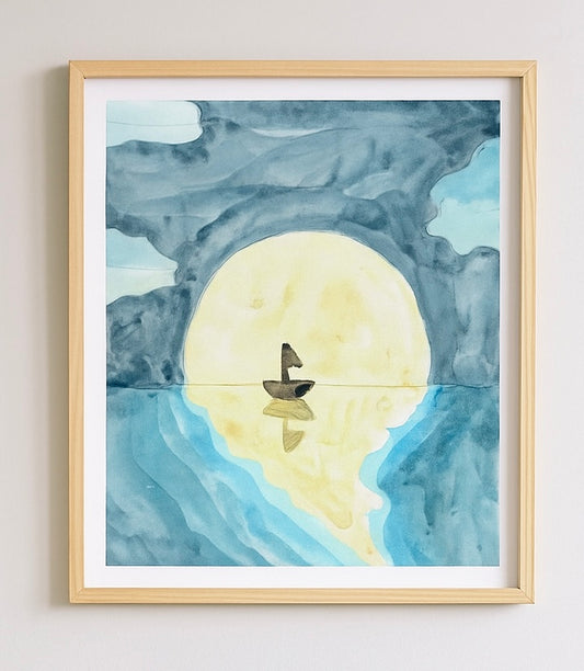 Moonlight Sailboat Watercolor Print – Minimalist Nautical Wall Art, Peaceful Ocean Night Scene