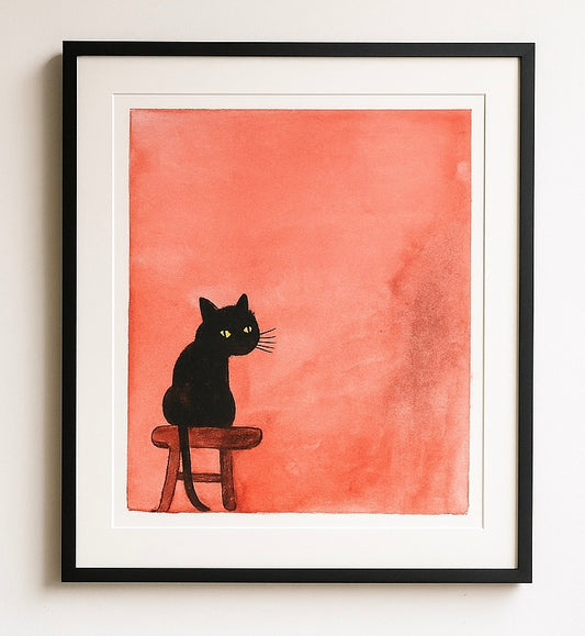 Black Cat on Stool Watercolor Art Print – Whimsical Minimalist Cat Painting, Salmon Background, Cat Lover Wall Decor