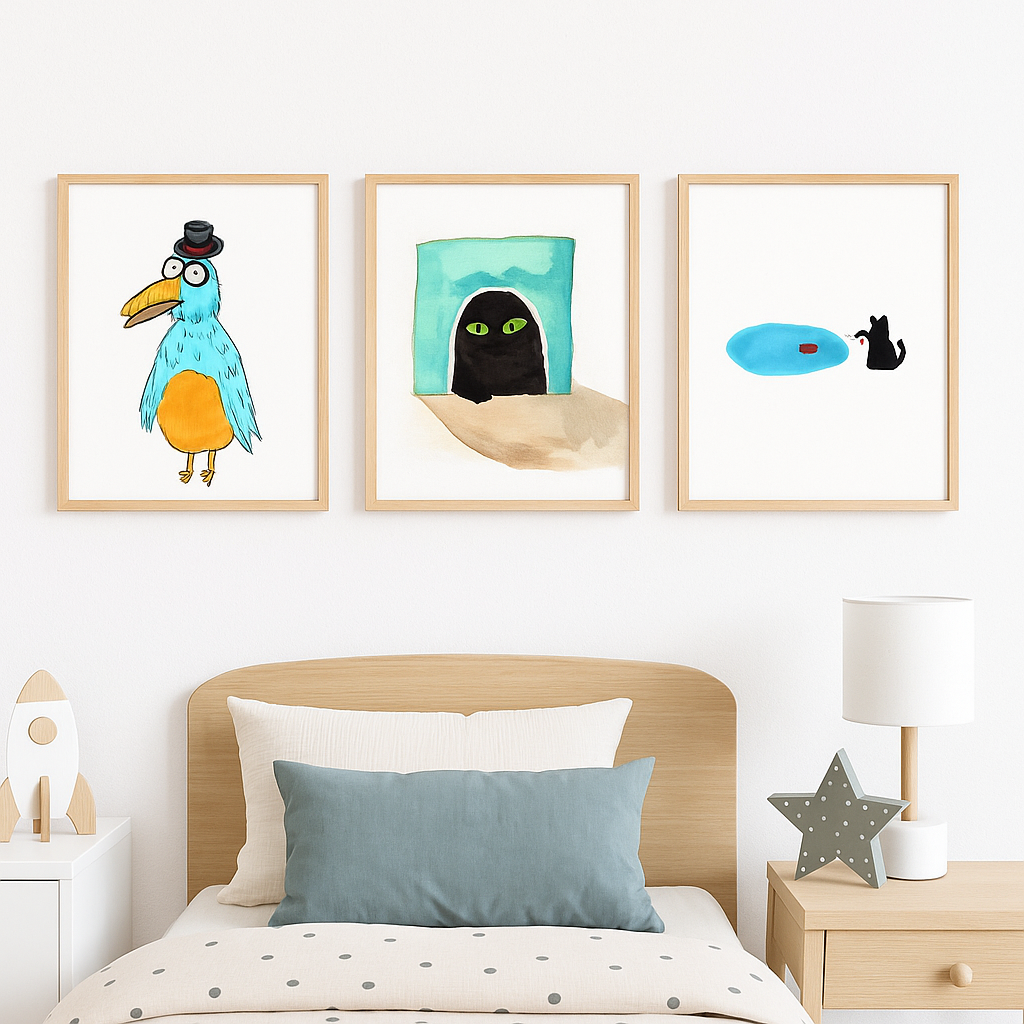 Minimalist Cat and Fish Art Print – Cute Black Cat Illustration – Whimsical Animal Wall Art – Funny Cat Lover Gift – Kids Room Decor